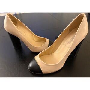 J. Crew 3.5" Italian Leather Cap Toe Heel Womens 5 Black/Tan Pump‎ Made in Italy
